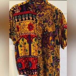Santana Vintage Aztec Abstract Short Sleeve Button‎ Up Shirt Mens M 100%Rayon